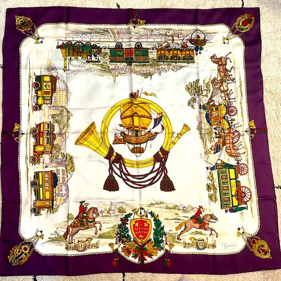 Gucci Equestrian "Servizi Postali" Design 100%Silk Scarf Made in Italy Auth.90cm - Picture 3 of 13